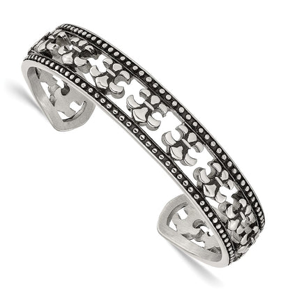 Stainless Steel Antiqued And Polished Fleur De Lis Bangle