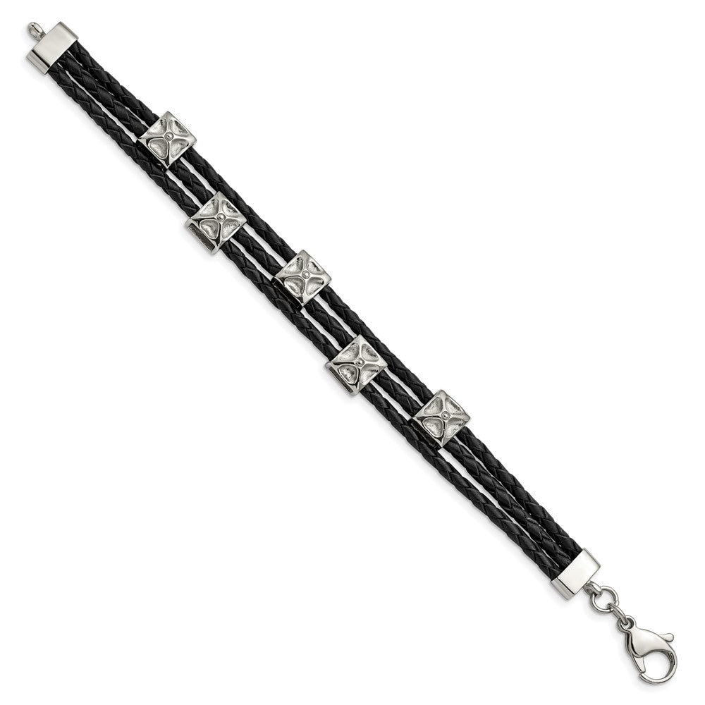 8.5 Inch Stainless Steel Polished Black Leather 8.5In Bracelet