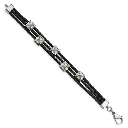8.5 Inch Stainless Steel Polished Black Leather 8.5In Bracelet