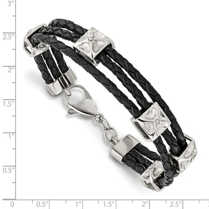8.5 Inch Stainless Steel Polished Black Leather 8.5In Bracelet
