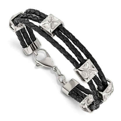 8.5 Inch Stainless Steel Polished Black Leather 8.5In Bracelet