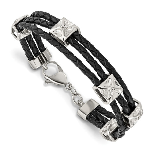 8.5 Inch Stainless Steel Polished Black Leather 8.5In Bracelet