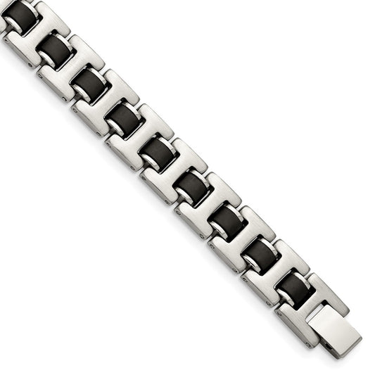 Stainless Steel Chisel Brushed With Black Rubber 8.5 Inch Bracelet