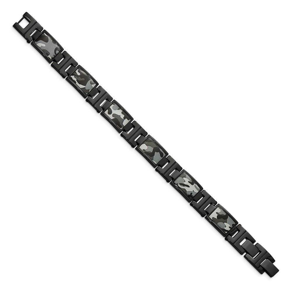 Stainless Steel Chisel Polished Black Ip-Plated Camo Enamel 8.5 Inch Link Bracelet