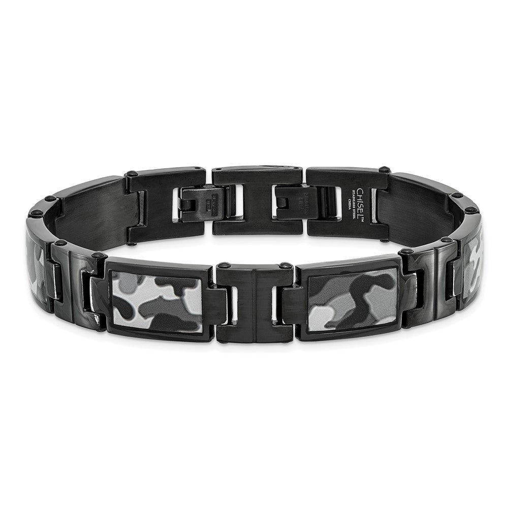 Stainless Steel Chisel Polished Black Ip-Plated Camo Enamel 8.5 Inch Link Bracelet