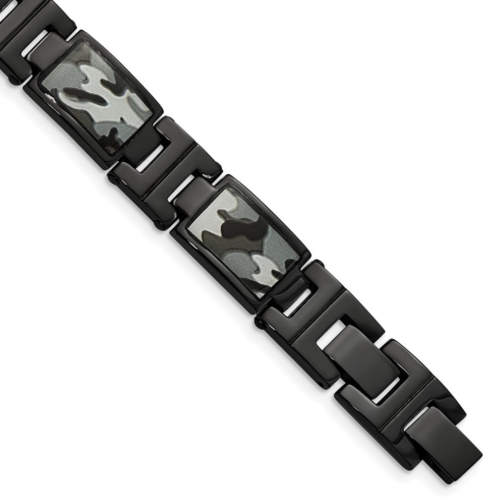 Stainless Steel Chisel Polished Black Ip-Plated Camo Enamel 8.5 Inch Link Bracelet
