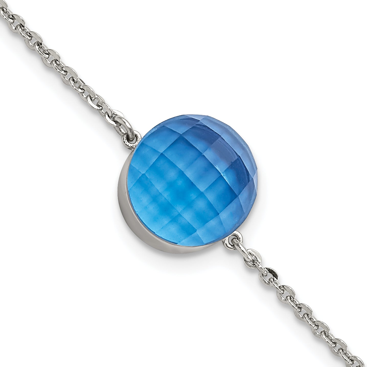 8 Inch Stainless Steel Polished Blue Glass W/1In Ext Bracelet