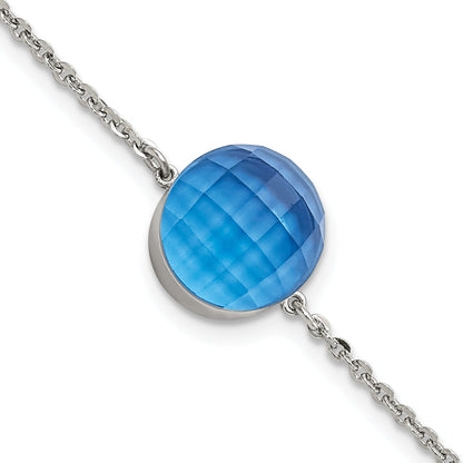 8 Inch Stainless Steel Polished Blue Glass W/1In Ext Bracelet