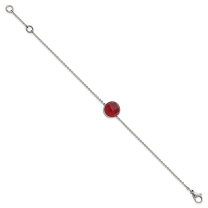 8 Inch Stainless Steel Polished Red Glass W/1In Ext Bracelet