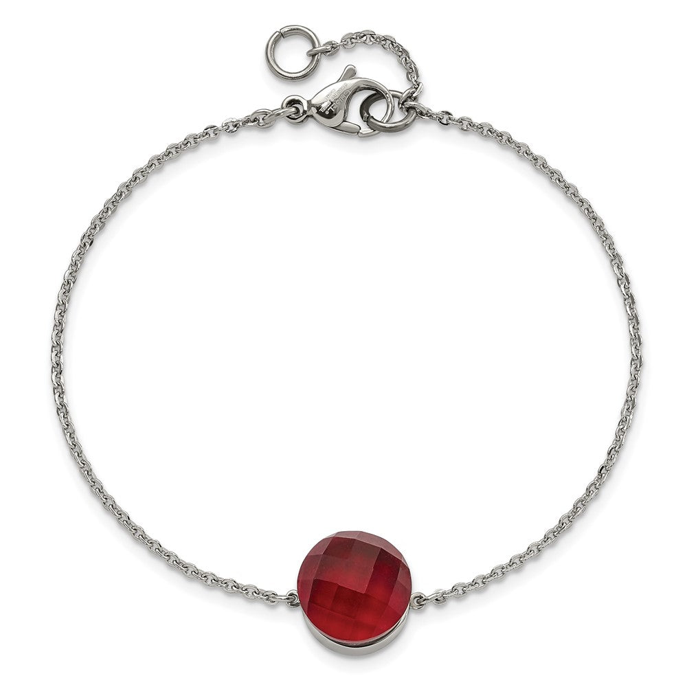 8 Inch Stainless Steel Polished Red Glass W/1In Ext Bracelet