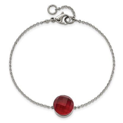 8 Inch Stainless Steel Polished Red Glass W/1In Ext Bracelet