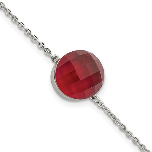 8 Inch Stainless Steel Polished Red Glass W/1In Ext Bracelet