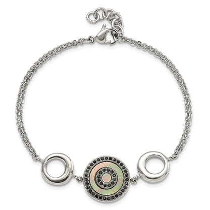 8 Inch Stainless Steel Polished Black Mop & Crystal W/.5In Ext Bracelet