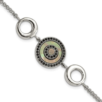 8 Inch Stainless Steel Polished Black Mop & Crystal W/.5In Ext Bracelet