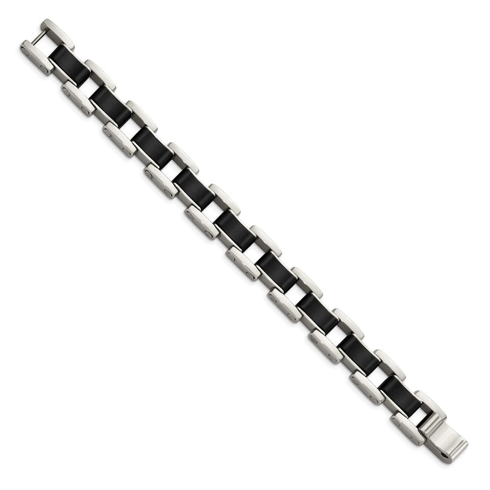 Stainless Steel Chisel Polished With Black Rubber Inlay 8.5 Inch Link Bracelet