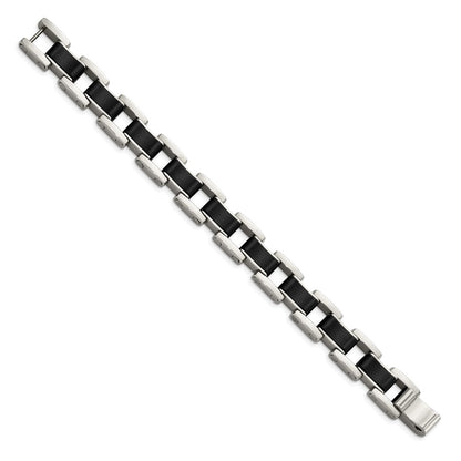 Stainless Steel Chisel Polished With Black Rubber Inlay 8.5 Inch Link Bracelet