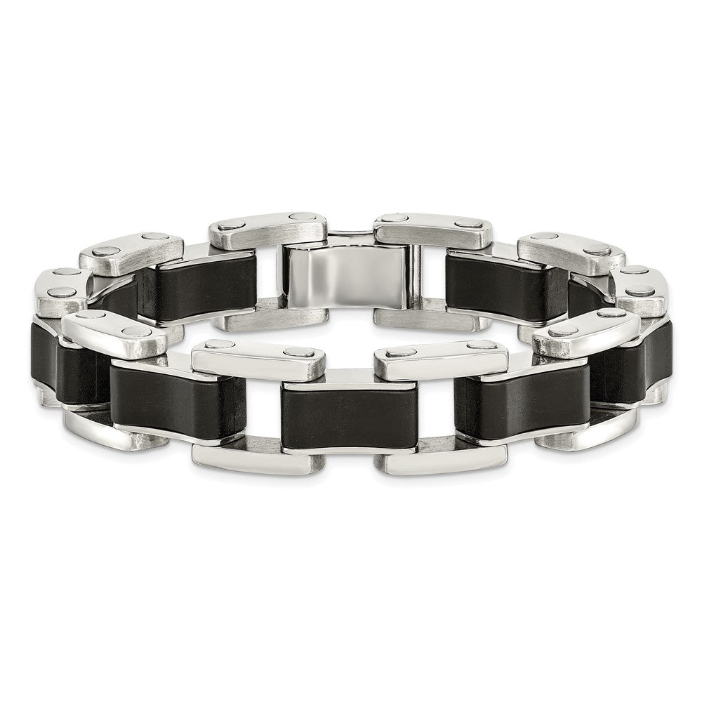 Stainless Steel Chisel Polished With Black Rubber Inlay 8.5 Inch Link Bracelet