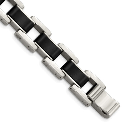 Stainless Steel Chisel Polished With Black Rubber Inlay 8.5 Inch Link Bracelet