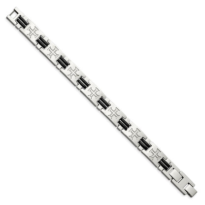 8.5 Inch Stainless Steel Polished With Black Rubber Cross 8.5In W/Ext. Bracelet