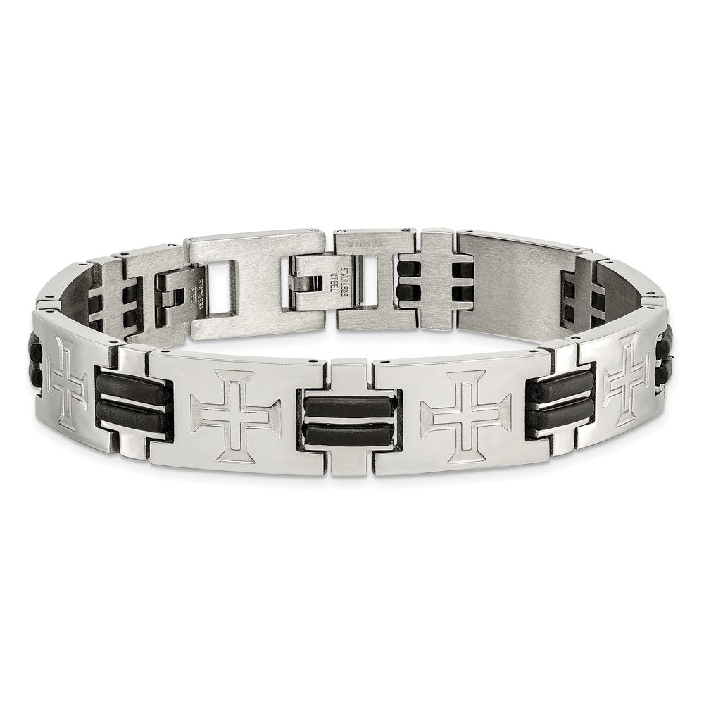 8.5 Inch Stainless Steel Polished With Black Rubber Cross 8.5In W/Ext. Bracelet