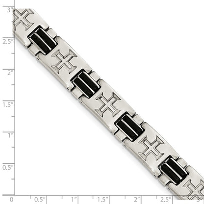 8.5 Inch Stainless Steel Polished With Black Rubber Cross 8.5In W/Ext. Bracelet