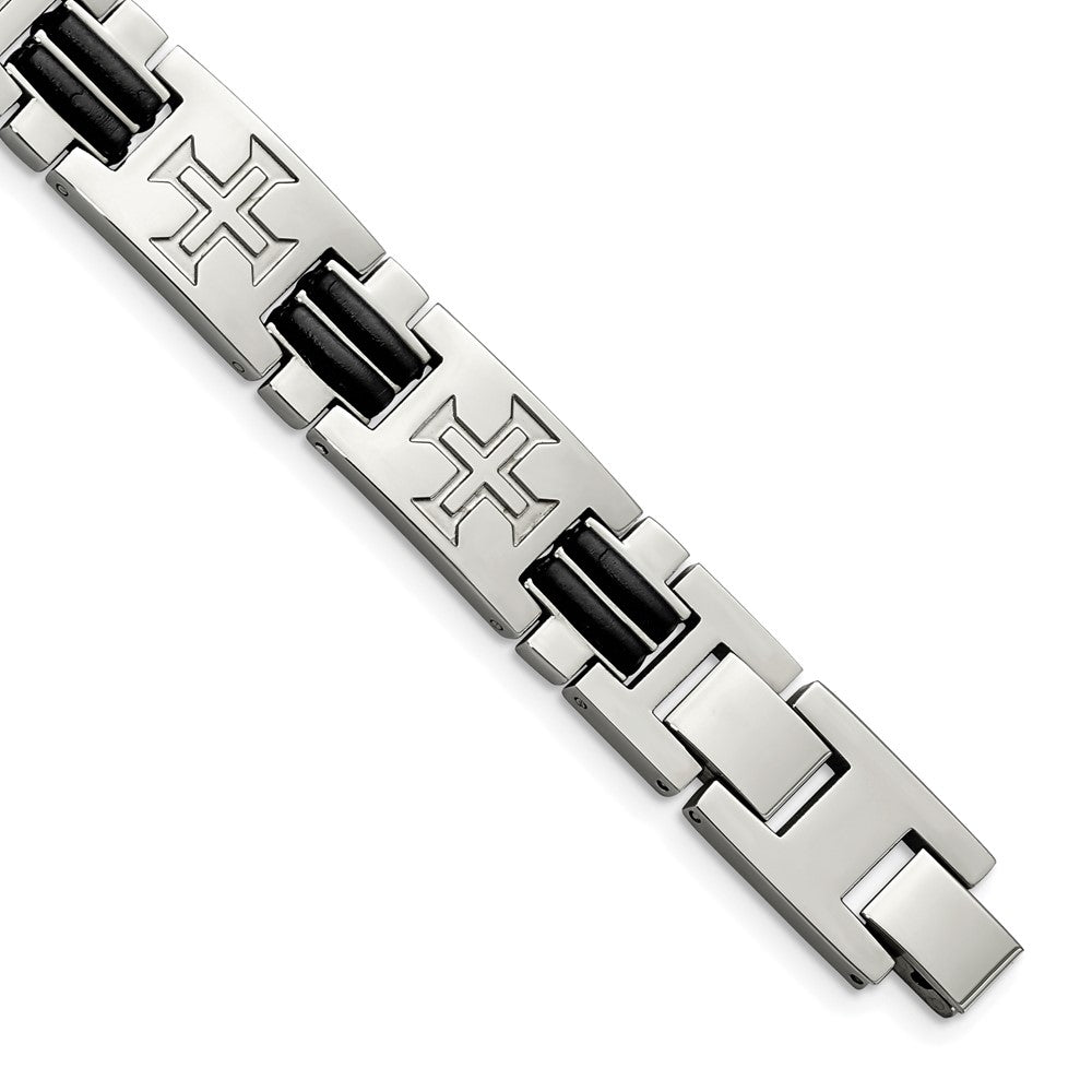8.5 Inch Stainless Steel Polished With Black Rubber Cross 8.5In W/Ext. Bracelet