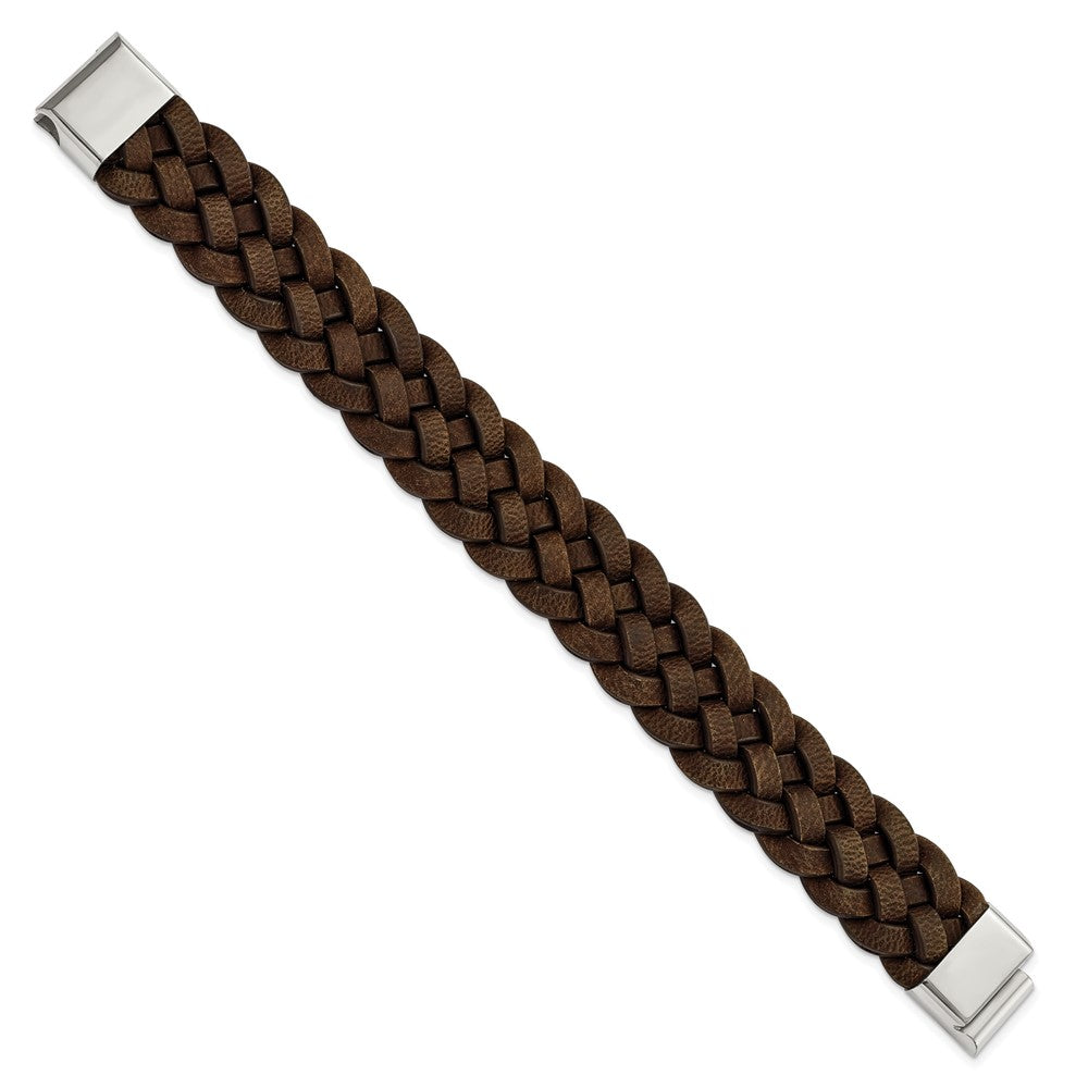 Stainless Steel Chisel Polished Brown Braided Leather 8.75 Inch Bracelet
