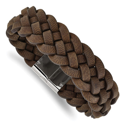 Stainless Steel Chisel Polished Brown Braided Leather 8.75 Inch Bracelet