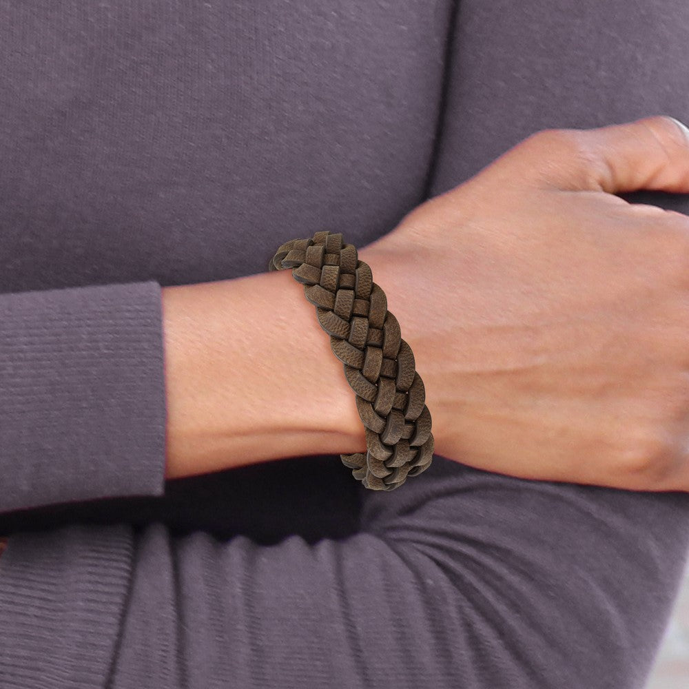 Stainless Steel Chisel Polished Brown Braided Leather 8.75 Inch Bracelet
