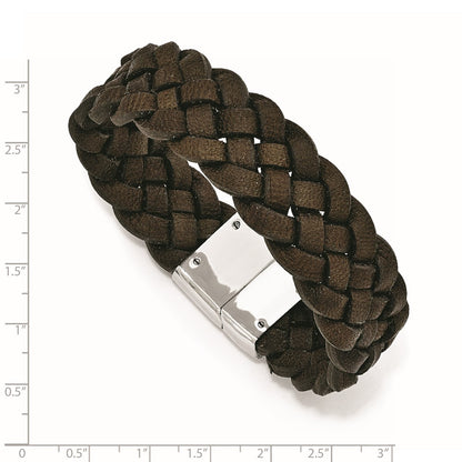 Stainless Steel Chisel Polished Brown Braided Leather 8.75 Inch Bracelet