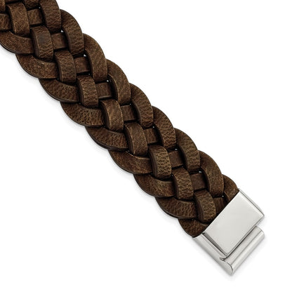 Stainless Steel Chisel Polished Brown Braided Leather 8.75 Inch Bracelet