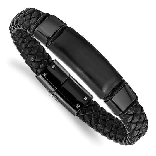 Stainless Steel Chisel Brushed And Polished Black Ip-Plated Braided Leather 8.25 Inch Bracelet