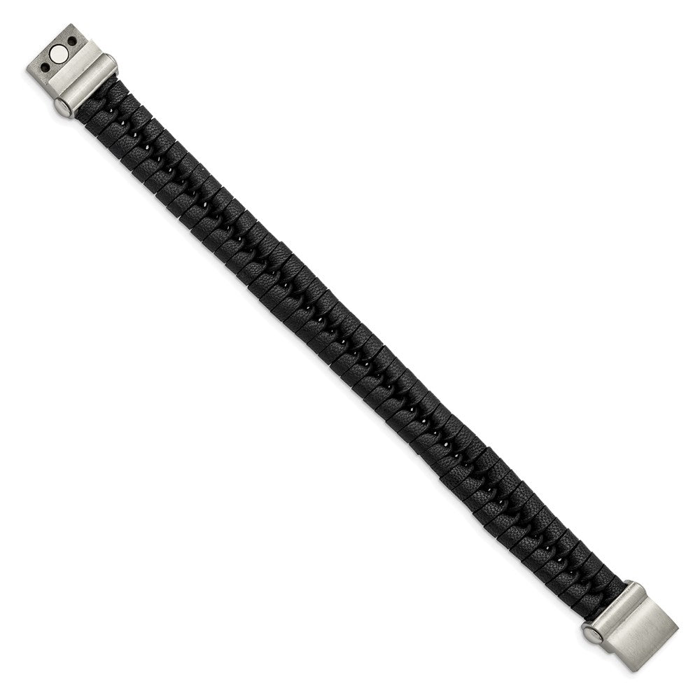Stainless Steel Chisel Brushed Black Leather 8.5 Inch Bracelet