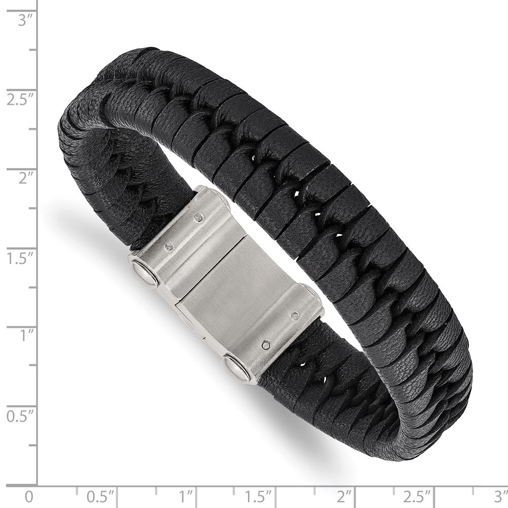 Stainless Steel Chisel Brushed Black Leather 8.5 Inch Bracelet