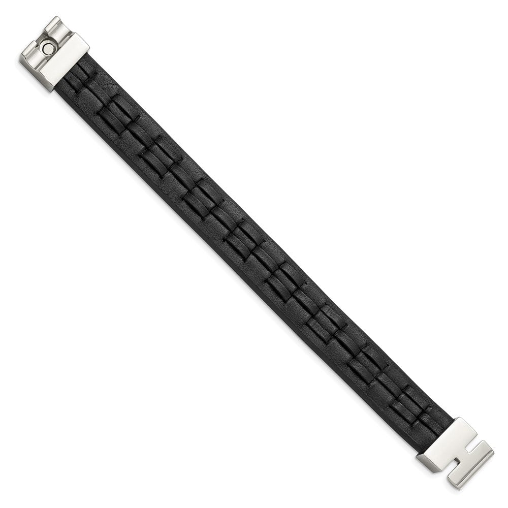 Stainless Steel Chisel Polished Black Leather 8 Inch Bracelet
