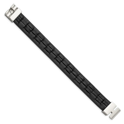 Stainless Steel Chisel Polished Black Leather 8 Inch Bracelet