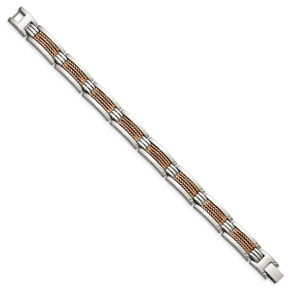 Stainless Steel Chisel Polished And Textured Rose Ip-Plated 8.5 Inch Link Bracelet
