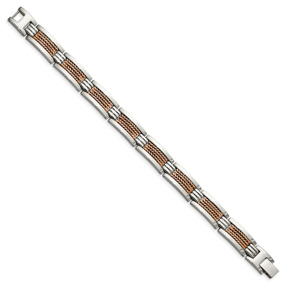 Stainless Steel Chisel Polished And Textured Rose Ip-Plated 8.5 Inch Link Bracelet