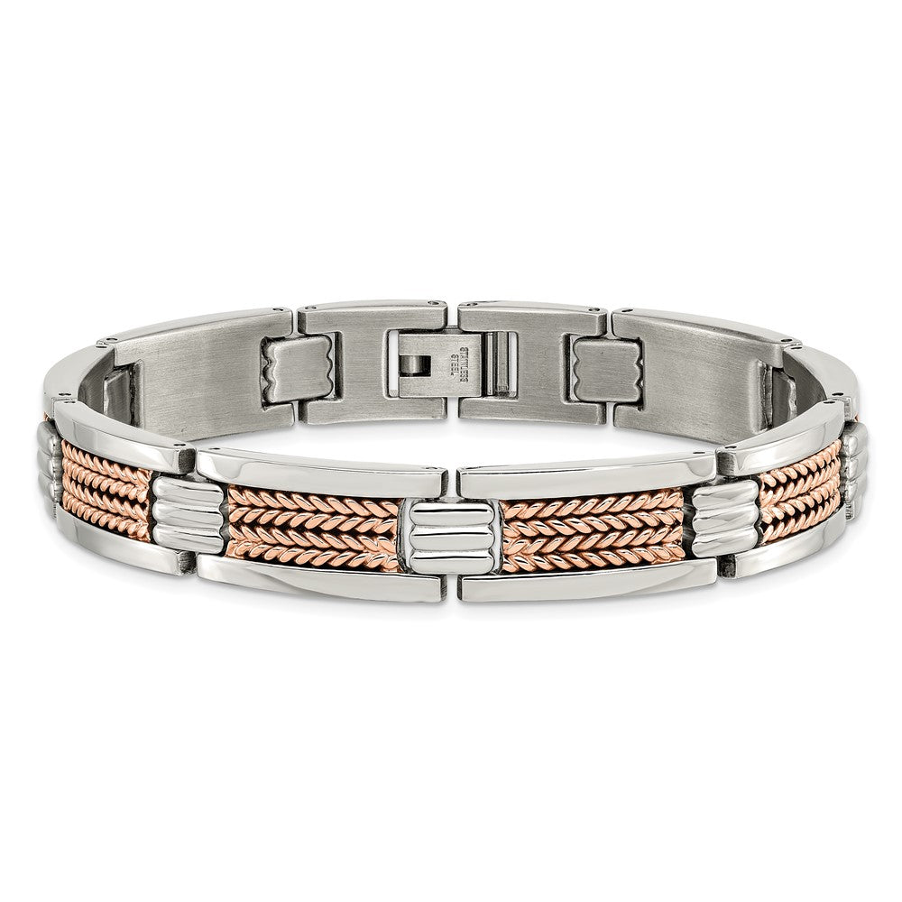 Stainless Steel Chisel Polished And Textured Rose Ip-Plated 8.5 Inch Link Bracelet