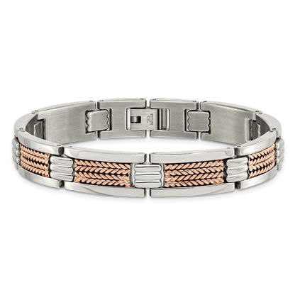 Stainless Steel Chisel Polished And Textured Rose Ip-Plated 8.5 Inch Link Bracelet