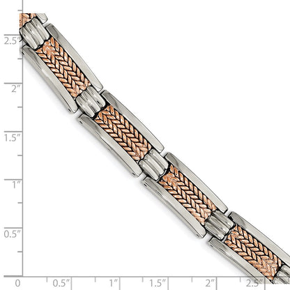 Stainless Steel Chisel Polished And Textured Rose Ip-Plated 8.5 Inch Link Bracelet