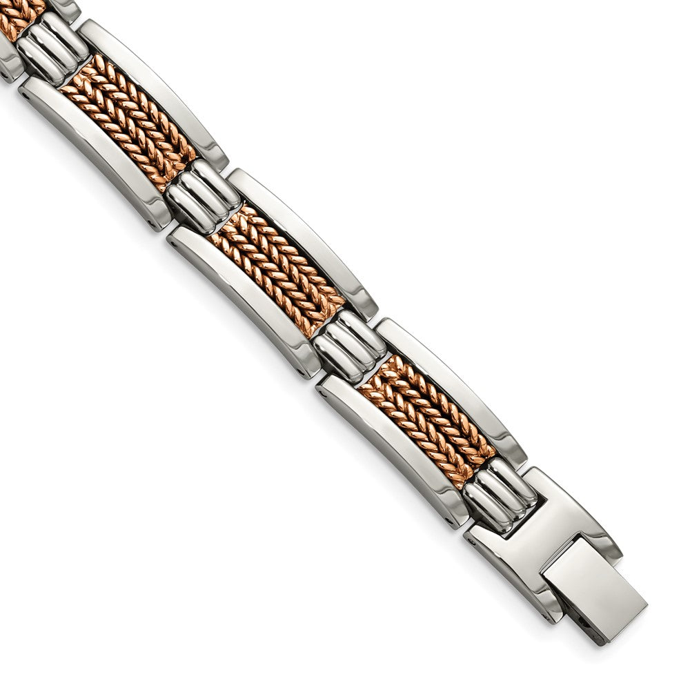 Stainless Steel Chisel Polished And Textured Rose Ip-Plated 8.5 Inch Link Bracelet