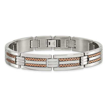 Stainless Steel Chisel Polished And Textured Rose Ip-Plated 8.5 Inch Link Bracelet