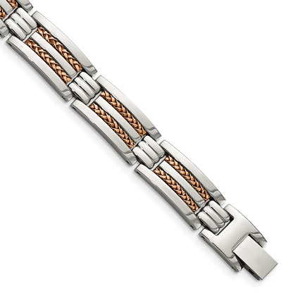 Stainless Steel Chisel Polished And Textured Rose Ip-Plated 8.5 Inch Link Bracelet