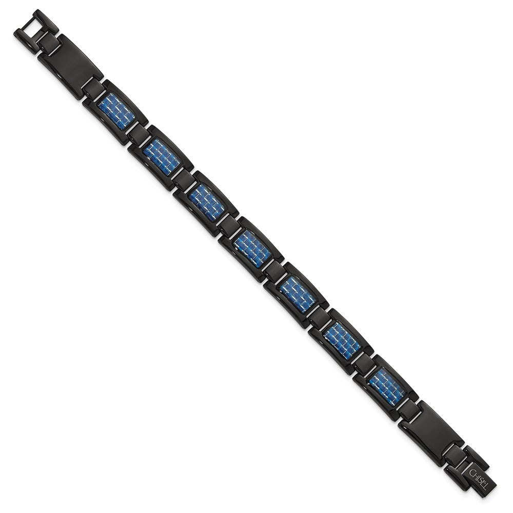 Stainless Steel Chisel Polished Black Ip-Plated With Blue Carbon Fiber Inlay 8.25 Inch Link Bracelet