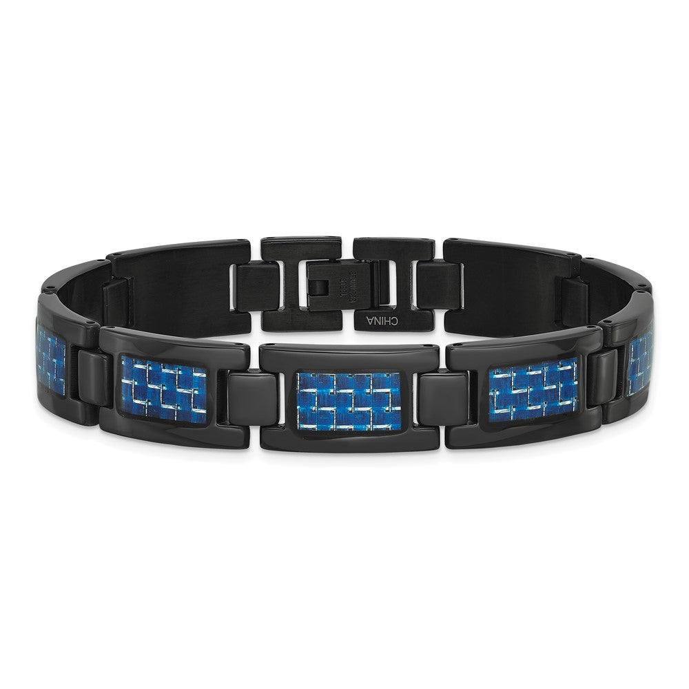 Stainless Steel Chisel Polished Black Ip-Plated With Blue Carbon Fiber Inlay 8.25 Inch Link Bracelet