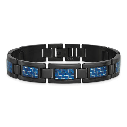 Stainless Steel Chisel Polished Black Ip-Plated With Blue Carbon Fiber Inlay 8.25 Inch Link Bracelet