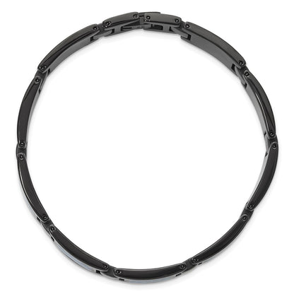 Stainless Steel Chisel Polished Black Ip-Plated With Blue Carbon Fiber Inlay 8.25 Inch Link Bracelet