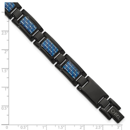 Stainless Steel Chisel Polished Black Ip-Plated With Blue Carbon Fiber Inlay 8.25 Inch Link Bracelet