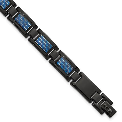 Stainless Steel Chisel Polished Black Ip-Plated With Blue Carbon Fiber Inlay 8.25 Inch Link Bracelet